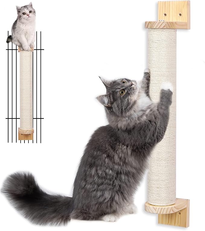 Wall Mounted Cat Scratching Post - 21'' Wooden Sisal Cat Scratcher,Hemp Rope Scratcher Posts for Indoor Cats or Kittens- Cute Modern Wall Mounted Cat Furniture - PAWPICO