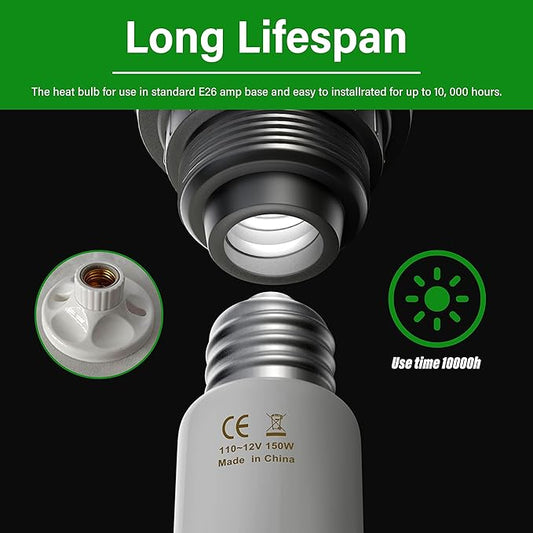 HealSmart Reptile Heat Lamp 150W Ceramic Heat Emitter, No Light Emitting Heat Bulbs for Amphibian Pet Brooder Coop Incubating Chicken, Lizard Bearded Dragon Turtle Snake Terrarium White HealSmart