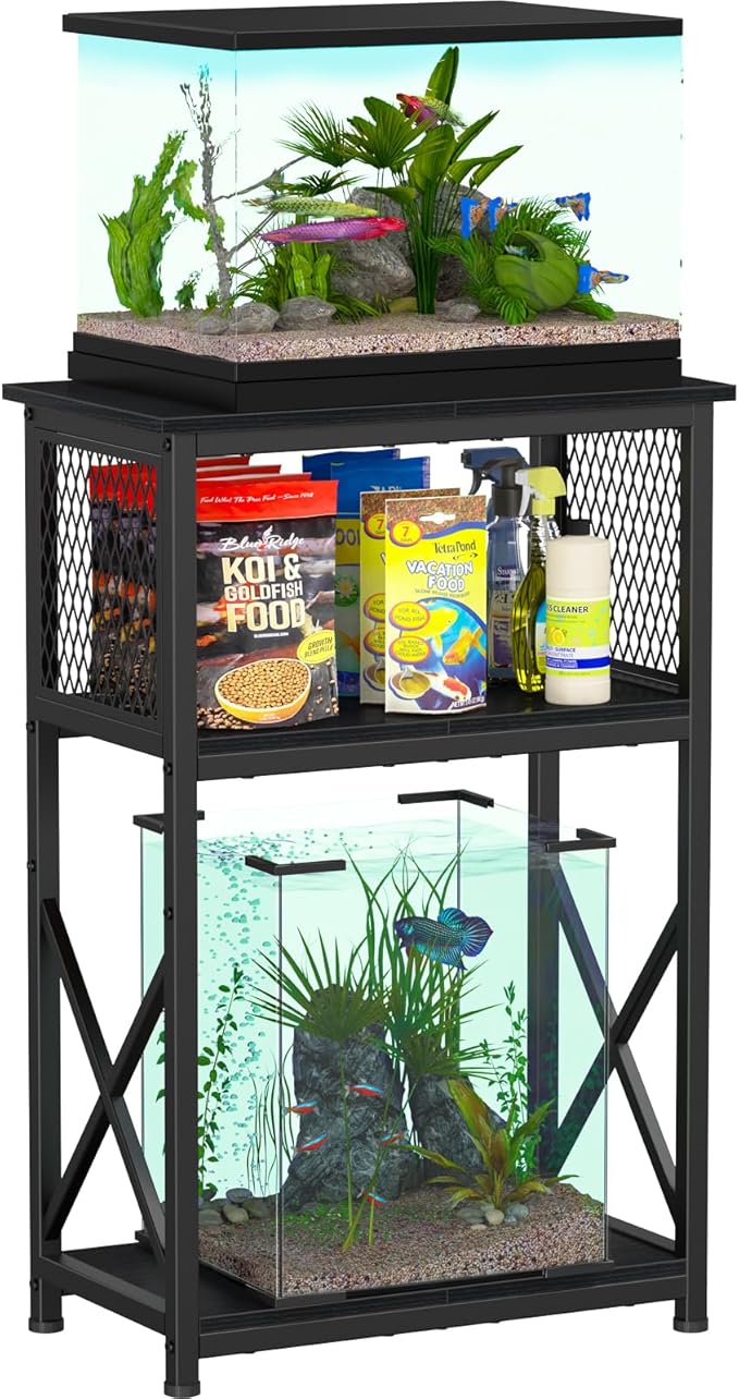Snughome Fish Tank Stand, 10 Gallon Aquarium Stand with Storage, 3 Tier Heavy Metal Fish Tank Stand Fish Tank Shelf 20.47" x 11.42" x 30.91", Black Snughome