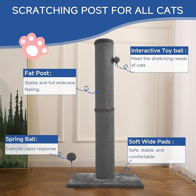 Cat Craft Bobcat Cat Scratching Post for Indoor Cats, Tall Cat Scratch Post, Carpet Cat Scratching Post with Replaceable Toys, Sturdy Base, Large, Gray - PAWPICO