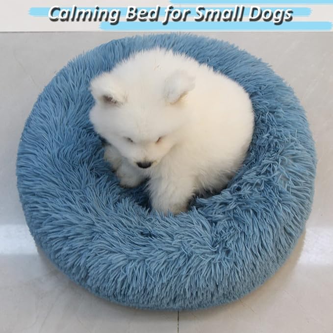Comfy Calming Dogs Bed for Deep Sleep Small Puppy ,Puppy Bed with Fluffy Donut is for Anxiety Small Dogs,19" Round Soft Faux Fur Pet Bed for Small Dogs Under 15 lbs Machine Washable Blue - PAWPICO