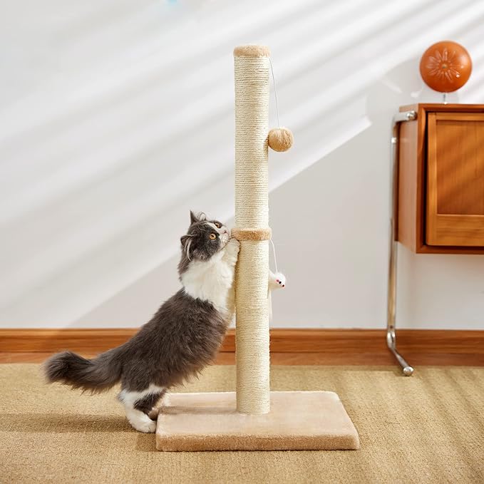 MeowHomm 32” Tall Cat Scratching Posts for Indoor Cats Adults with 2 Hanging Ball, Large Cat Scratch Post Cat Scratcher Includes Sisal Rope(Yellow) - PAWPICO