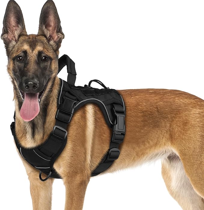 WINGOIN Black Tactical Dog Harness for Medium Small Dogs No Pull Adjustable Reflective Military Pet Harness with Easy Control Handle with Hook & Loop Panels for Walking Hiking Training WINGOIN