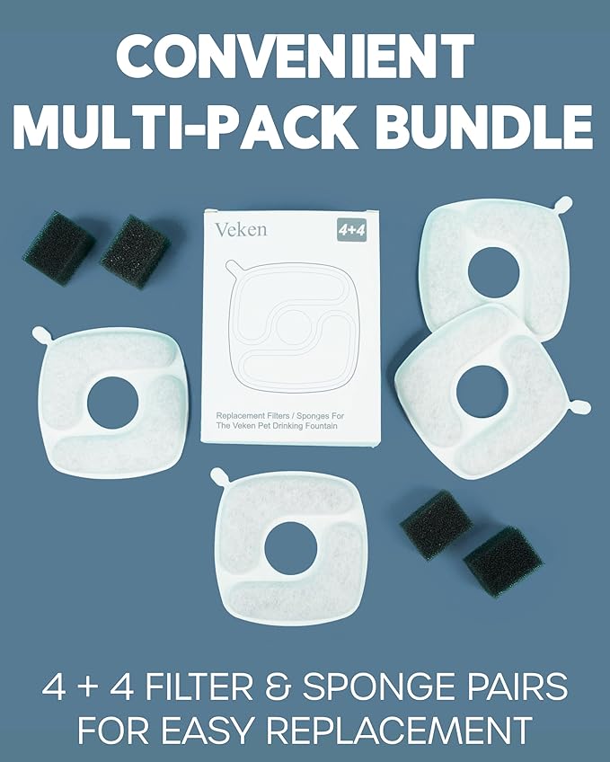 Veken Cat Water Fountain Filters, 4 Pack Replacement Filters & 4 Pack Replacement Pre-Filter Sponges Set for 67oz, 95oz, 135oz Automatic Pet Fountain Dog Water Dispenser - PAWPICO