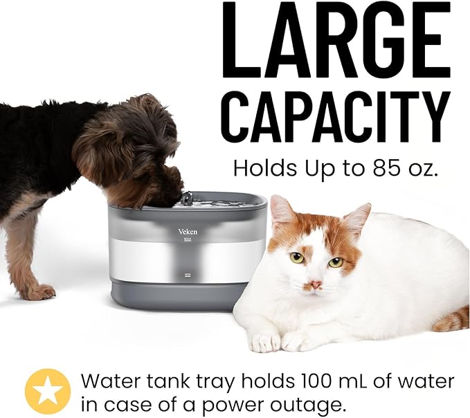 Veken Cat Water Fountain, 84oz/2.5L Automatic Pet Water Fountain Dog Water Dispenser with a Detachable Water Tank, Easy Cleaning for Cats, Dogs (Grey) - PAWPICO