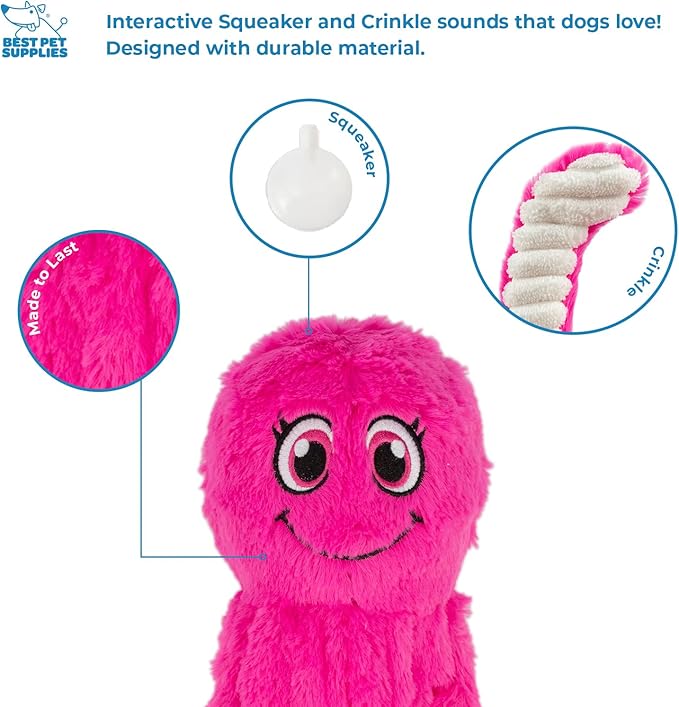 Best Pet Supplies OctoMutant Crinkle Plush Dog Toys for Interactive Play, Puppy and Senior Indoor Play, Colorful Octopus Toy Shape, Soft Head Stuffing, Cute and Cuddly - Fuchsia - PAWPICO