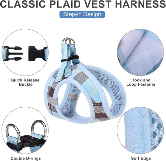 EXPAWLORER Classic Plaid Step in Dog Harness - Small Dog Collar and Leash - Soft Mesh Padded Adjustable Small Dog Vest Harness No Pull, Reflective Escape Proof for Outdoor Walking, Blue X-Small EXPAWLORER