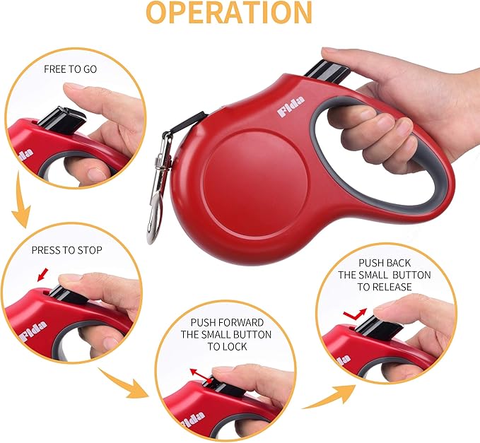 Fida Retractable Dog Leash, 16ft Heavy Duty Pet Walking Leash for X-Small/Small/Medium/Large Dog or Cat up to 110 lbs, Tangle-Free. One-Hand Brake (Large, Red) Fida