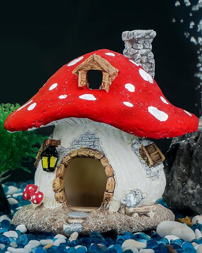 Uniclife Aquarium Mushroom House, Resin Fish Tank Decoration Cottage Ornament for Fish Tank Landscape Aquarium Hideout Hideaway Spawning Cave Decor for Shrimp Betta Goldfish and Reptiles UnicLife