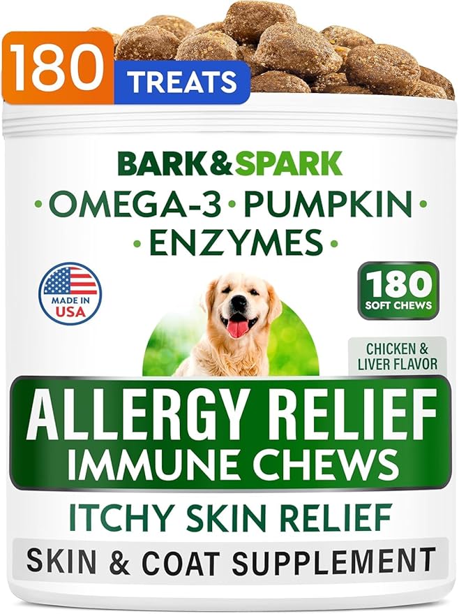 BARK&SPARK Dog Allergy Relief Chews (180 Immune Treats) - Anti-Itch Skin & Coat Supplement - Omega 3 Fish Oil - Itchy Skin Relief Treatment Pills - Itching&Paw Licking - Dry Skin & Hot Spots BARKSPARK