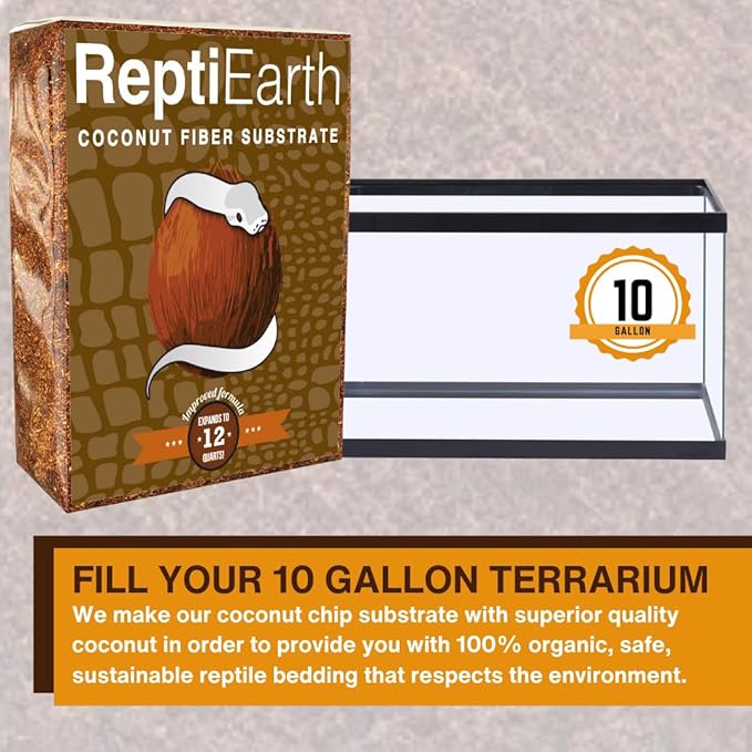 ReptiEarth Reptile Bedding, Fluffy Coconut Fiber Substrate 12 Quart Organic Coco Ready to Use for Bioactive Snake Terrarium, Lizard Tanks with Plants, for Frog, Tarantula or Hermit Crab Habitat ReptiChipPremiumSubstrate
