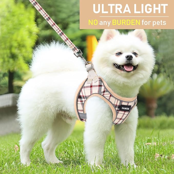 GAMUDA Small Dog Harness Collar and Leash Set, Step in No Chock No Pull Soft Mesh Adjustable Dog Vest Harnesses Plaid Reflective for Dogs Puppy Cats Kitten Rabbit (Beige, XL) GAMUDACollarsCollection