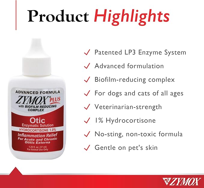 Zymox Advanced Formula Otic Plus Enzymatic Ear Solution for Dogs and Cats with 1% Hydrocortisone, 1.25oz ZYMOX
