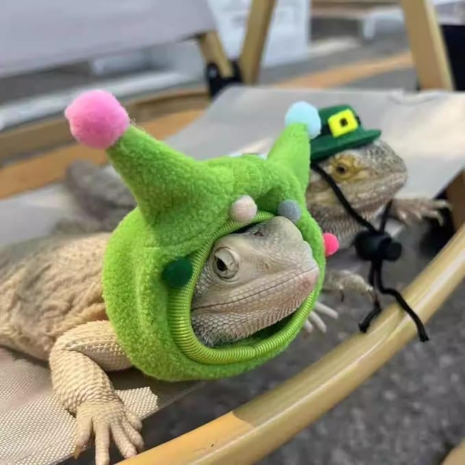Bearded Dragon Hat - Winter Warm Lizard Cap with Horns & Pom Pom Ball Fun Halloween Outfit Bull Costume Elastic Headwear Accessories Anxiety Relief Ear Muffs for Reptile Fancy Rat Ferret (Green) SEZDEKI
