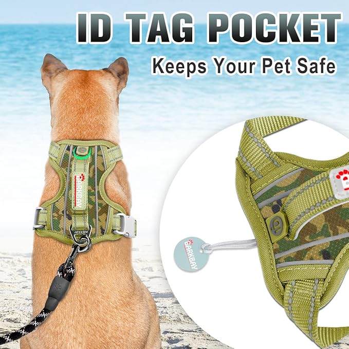 BARKBAY No Pull Dog Harness Large Reflective Dog Harness with Front Clip and Easy Control Handle for Walking Training Running with ID tag Pocket(Camo,M) BARKBAY