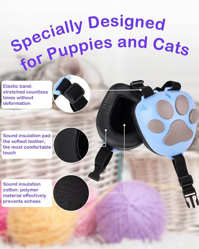 Calming Earmuffs for Cats and Small Dogs - for Anxiety Relief - Noise Canceling for Fireworks, Thunderstorms, Pet Grooming & Force Drying - Dog Ear Muffs Noise Protection (Blue, Medium) Ninuo