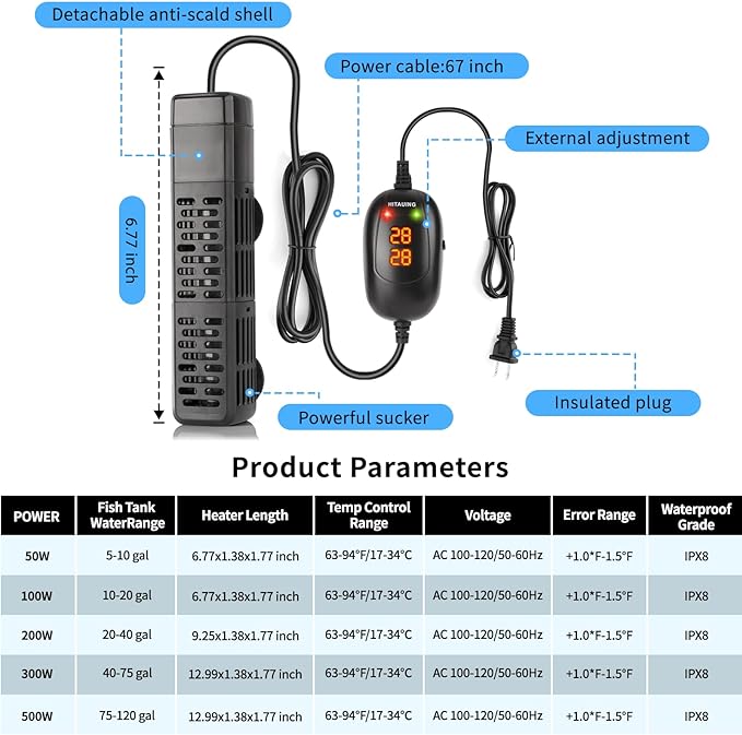 HiTauing Aquarium Heater, 50W/100W/200W/300W/500W Submersible Fish Tank Heater with Over-Temperature Protection and Automatic Power-Off When Leaving Water for Saltwater and Freshwater HiTauing