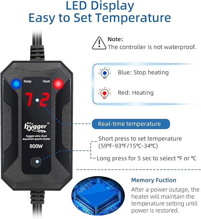 hygger 300W Aquarium Heater, Quartz Fish Tank Heater with LED Digital Display Thermostat Controller for 40-80 Gallon Freshwater Saltwater Tank hygger