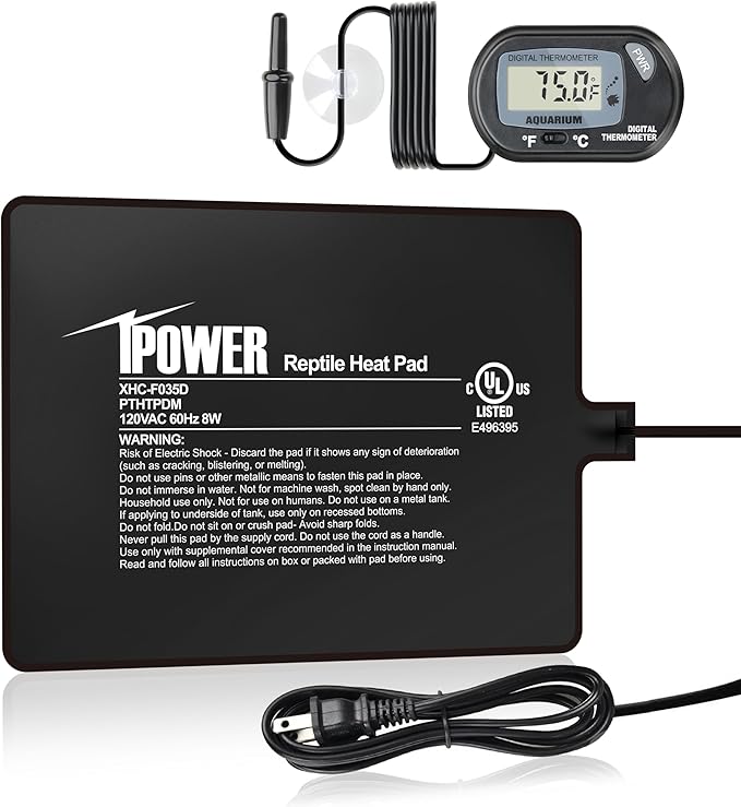 iPower 6 by 8-Inch 8W Reptile Heat Mat, LCD Digital Aquarium Thermometer, Under Tank Warmer Terrarium Heat Pad for Turtles Lizards Frogs and Other Small Animals, Multi Sizes iPower