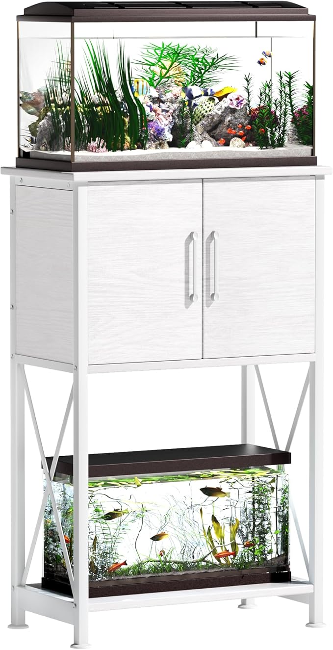 5-10 Gallon Fish Tank Stand, Metal Double Aquarium Stand with Cabinet for Fish Tank Accessories Storage, Heavy Duty 20.5" L* 11.02" W Tabletop, 500LBS Capacity White PG06YGW Herture