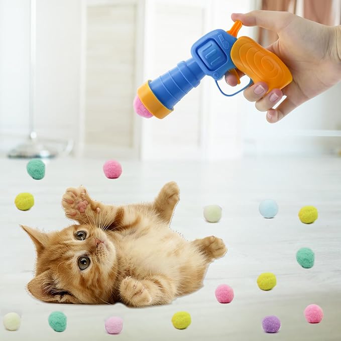 Andiker Cat Toy Balls Set, 30pcs Plush Cat Pom Pom Balls&a Plastic Launcher Set for Cat Catch&Fetch Interactive Cat Toy with Colorful&Soft Cat Balls for Indoor Cats to Keep Fit (Blue 100balls) - PAWPICO