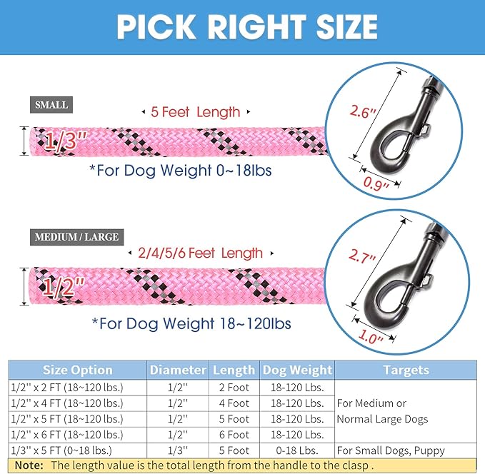BAAPET 2/4/5/6 FT Dog Leash with Comfortable Padded Handle and Highly Reflective Threads for Small Medium and Large Dogs (5FT-1/3'', Pink) BAAPET