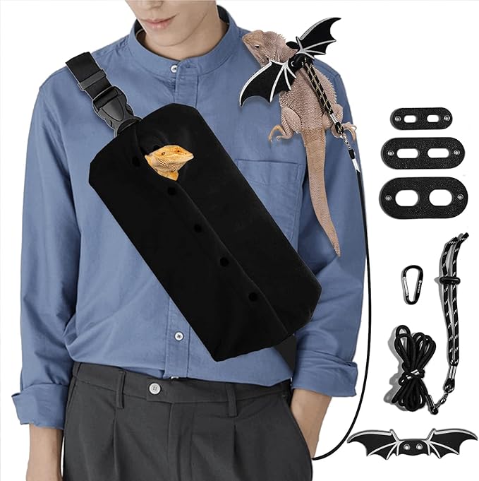 WATFOON Adjustable Lizard Leather Leash Harness and Bearded Dragon Carrier Sling, Reptile Small Pet Training Leashes and Beardie Snuggle Sling Bag for Outdoor Travel (L Black Sling) WATFOONpets