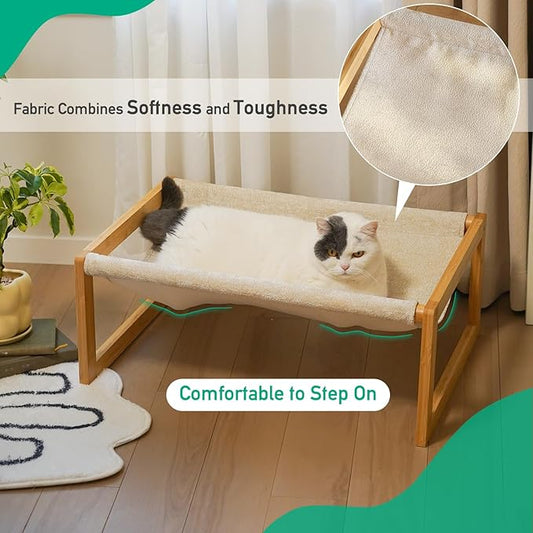 Elevated Cat Bed, Large Cat Hammock Bed, Bamboo Wood Cat Hammock for Outdoor, 25 X 16.5 Inch Elevated Pet Furniture Suitable for Kitty, Puppy, Rabbit, Bunny and Small Animal - PAWPICO