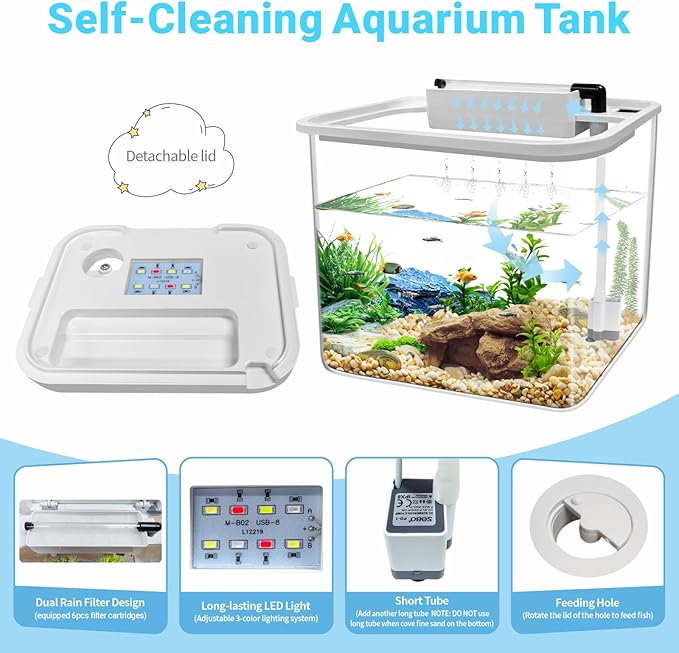 0.8 Gallon Small Fish Tank Kit, Aquarium Starter Kit with Super-Quiet Water Pump, Rain Filtration, Self Cleaning Filtration, LED Light, Easy Changing Water (White) Moonorange