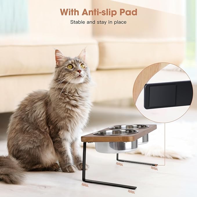 Elevated Cat Bowls, 15° Tilted Raised Cat Food Bowls Wood Pet Bowls with Stand Anti Vomiting 2 Stainless Steel Bowls for Cats and Puppy - PAWPICO