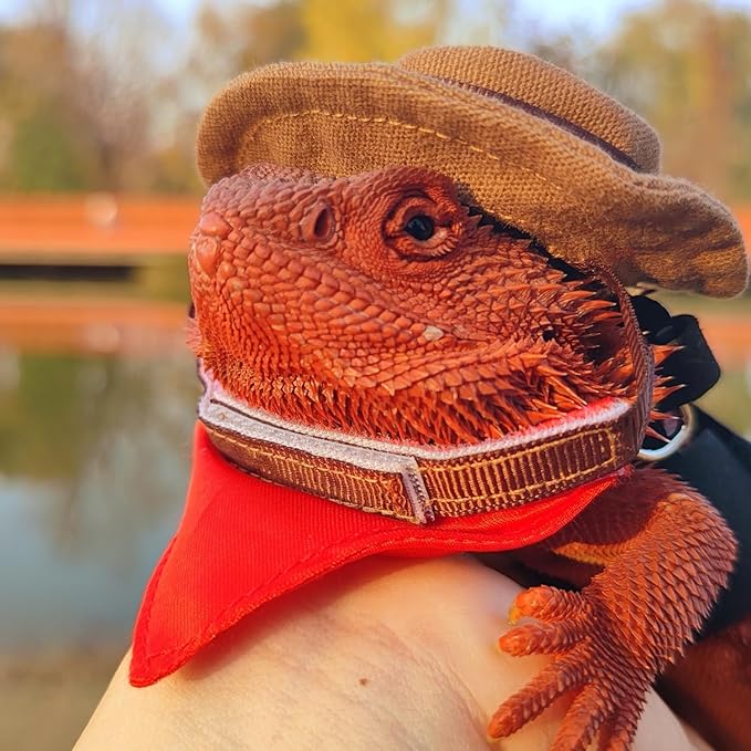 Bearded Dragon Cowboy Costume - Adjustable Lizard Cowboy Hat and Bandana Scarf Reptile Halloween Costume Photo Props for Gecko Chameleon Amphibians Ferret Hamster (Brown) SEZDEKI