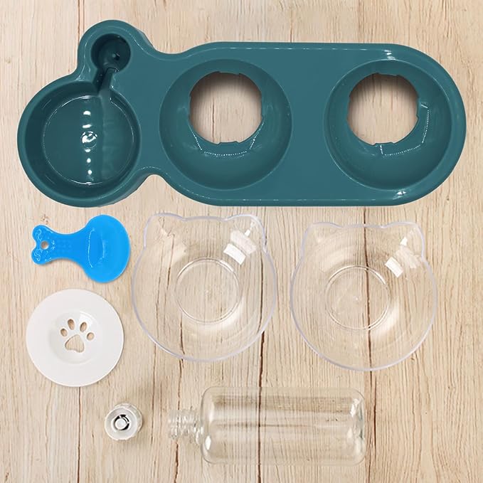 Triple Cat Bowls,15°Tilt 3-in-1 Water Feeder Bowls Cat Double Food Bowls with Automatic Water Bottle Bowl, Whisker Friendly Wet and Dry Cat Elevated Feeding Dishes for Small Cat and Puppy (Navy Blue) - PAWPICO