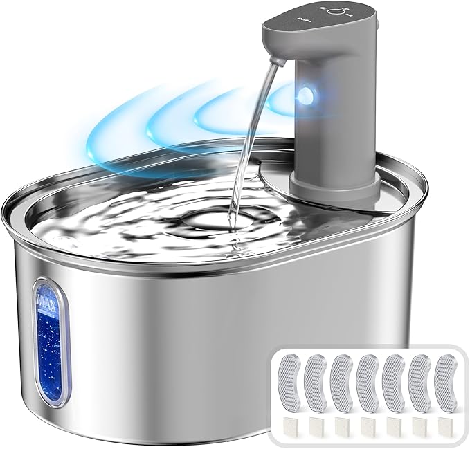 Wireless Cat Water Fountain, 3.5l/108oz Stainless Steel Pet Fountain with Motion Sensor, Ultra-Quiet Battery Operated Cat Fountain with 3 Working Modes, Suitable for Many Pets, (6 Filters + 6Sponge) - PAWPICO