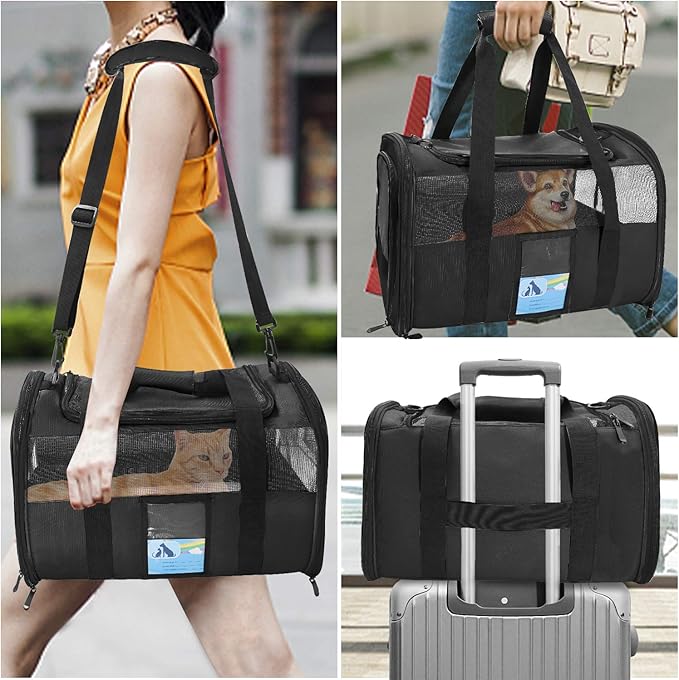 Refrze Pet Carrier Airline Approved, Cat Carriers for Medium Cats Small Cats, Soft Dog Carriers for Small Dogs Medium Dogs, TSA Approved Pet Carrier for Cats Dogs of 15 Lbs, Puppy Carrier,Black - PAWPICO