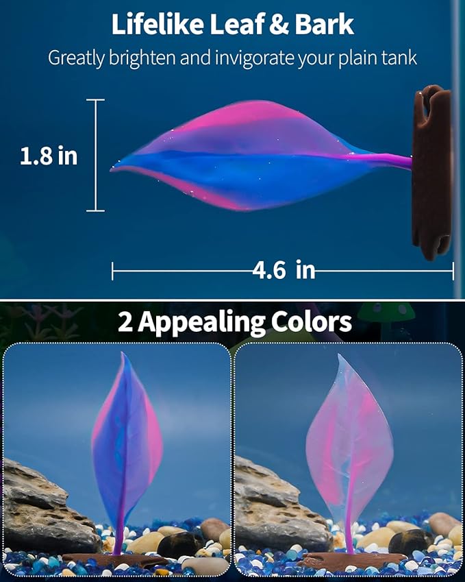 Uniclife Betta Leaf Hammock Soft Aquarium Rest Bed Fish Breeding Playing Pad with Suction Cup and Lifelike Bark Ornament Colorful Silicone Decoration for Fish Tank Landscape, 2 Pack UnicLife