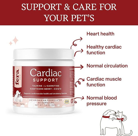 Fera Pets Cardiac Supplement for Dogs & Cats – 60 Capsules – Vet Created -Cardiovascular Function & Strength-Taurine, CoQ10, Organic Hawthorne Berry FeraPets