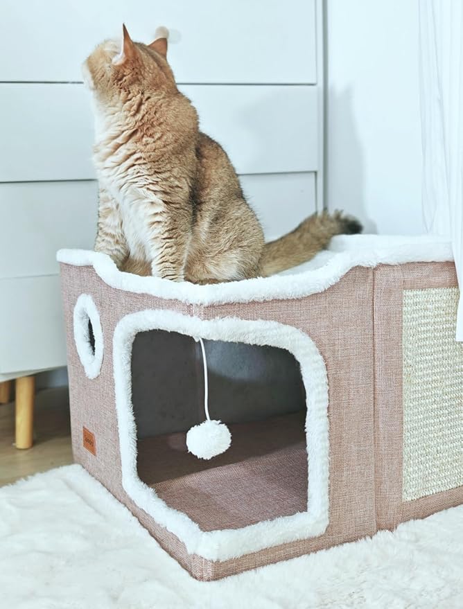 Large Cat Cave Bed for Indoor Cats, Cats Cube House with Scratch Pad Cat Condo Hideaway Tente Hut with Washable Sherpa Warm Soft Cat Mat, Cute Cat Beds Furniture, Modern Dog Bed,Pink - PAWPICO