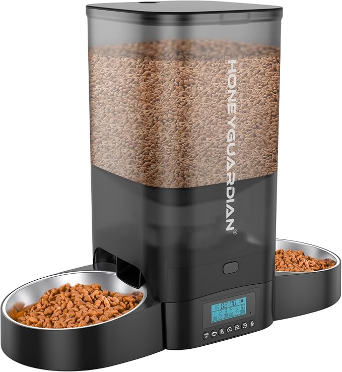 HoneyGuaridan 5L Automatic Cat Feeder for Two Cats, Cat Food Dispenser with Stainless Steel Bowl,Timed Cat Feeder Programmable 1-6 Meals Control, Dual Power Supply,Desiccant Bag,10s Meal Call Black - PAWPICO