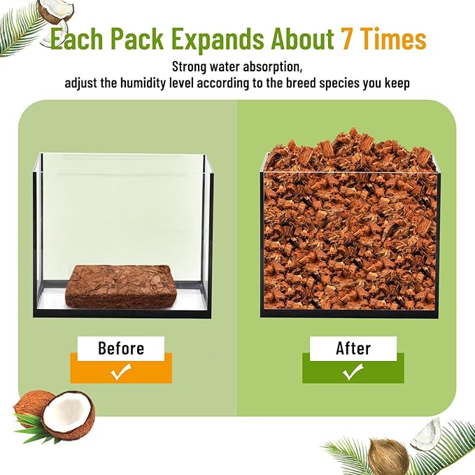 Riare 2 Pack Natural Coconut Chip Substrate for Reptiles- Compressed Coconut Husk Reptiles Bedding, Coco Husk Chip Terrarium Substrate for Snakes, Tortoises, Ball Python, Frogs, Bearded Dragon, Lizard Riare