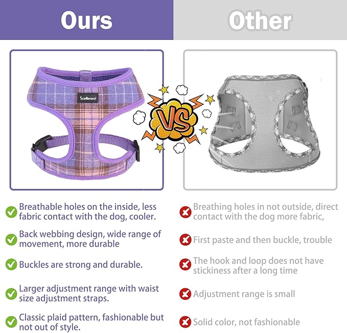 SCENEREAL Puppy Dog Harness with Leash Set for Small Medium Sized Dogs, Soft Mesh Step in Pet Harnesses and Leash, No Chock Plaid Adjustible No Pull Vest for Dogs Cats, Chihuahua,Bulldog (Purple S) SCENEREAL
