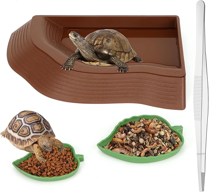 4PCS Tortoise Food Water Bowl with Ramp Leaf Tortoise Feeding Dish Reptile Bathing Pool Reptile Food Water Dish Turtle Habitat Accessories Aquarium Ornament for Gecko, Snake, Turtle, Bearded Dragon RYPET