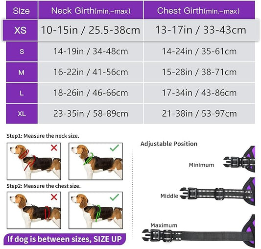 Timos Dog Harness Small Sized, No Pull Dog Harness with Neck Lockable Snap,No Choke Front Clip Dog Reflective Harness,Adjustable Metal Rings 3 Buckles,Easy Control Handle for Small Dogs Purple XS Timos