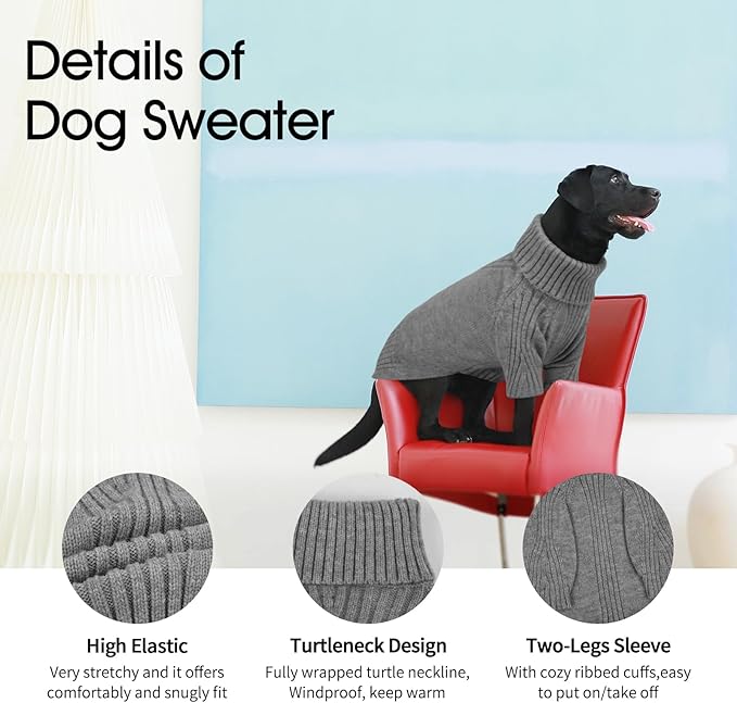 IECOii XL Dog Sweater,Fall Doggy Clothes for Extra Large Dogs Girl Boy,Warm Pullover Xmas Dog Costume Clothes,Solid Color Pet Winter Apparel for Beagle,English Bulldog (Light Grey,XLarge) - PAWPICO