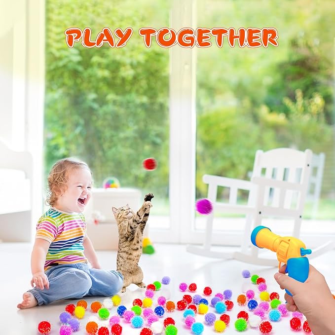BooTaa Pet Toys, Interactive Cat Toy Set, 80pcs Glitter Pom-Poms Cat Ball Toy with 1 Launcher, Safe Soft Cat Toy Balls for Fetch, Training, Playing - PAWPICO