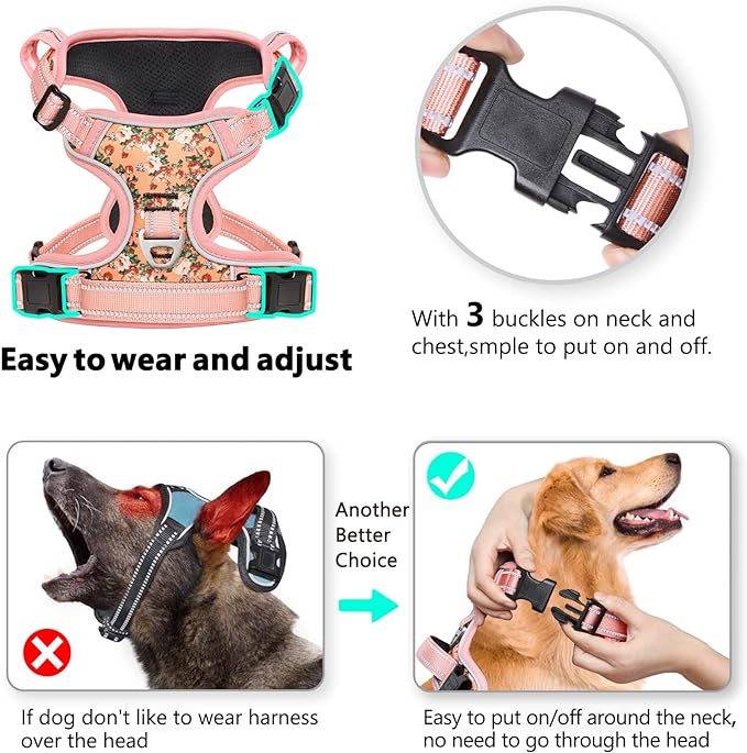 Timos Dog Harness, No-Pull Pet Harness with 2 Leash Clips, Adjustable Soft Padded Dog Vest, Reflective Outdoor Pet Oxford Vest with Easy Control Handle Timos