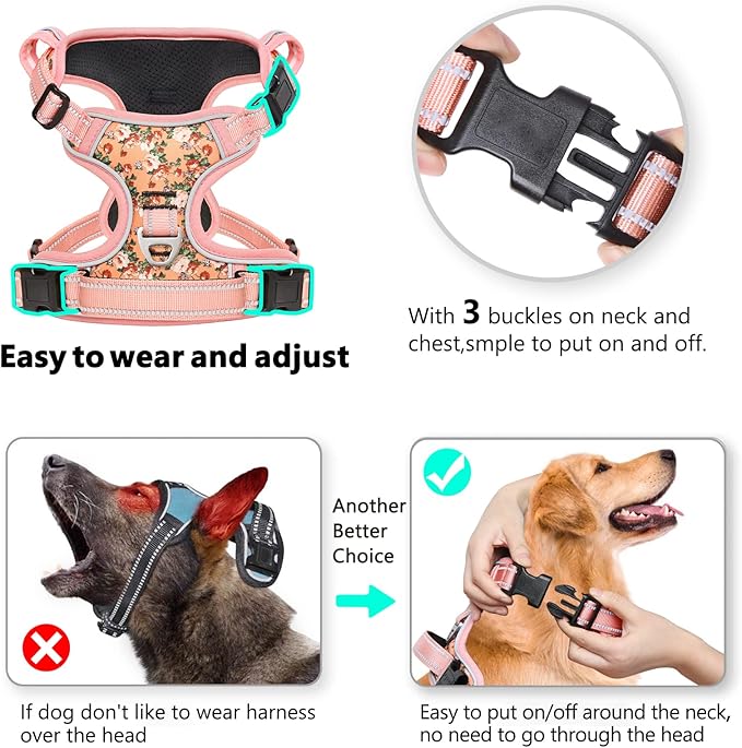 Timos Dog Harness, NO Need Go Over Dogs Head 3 Snap Buckles Pet Harness with 2 Leash Clips, Adjustable Soft Padded No-Pull Dog Harness, Reflective No-Choke Pet Oxford Vest for Small Medium Large Dogs Timos