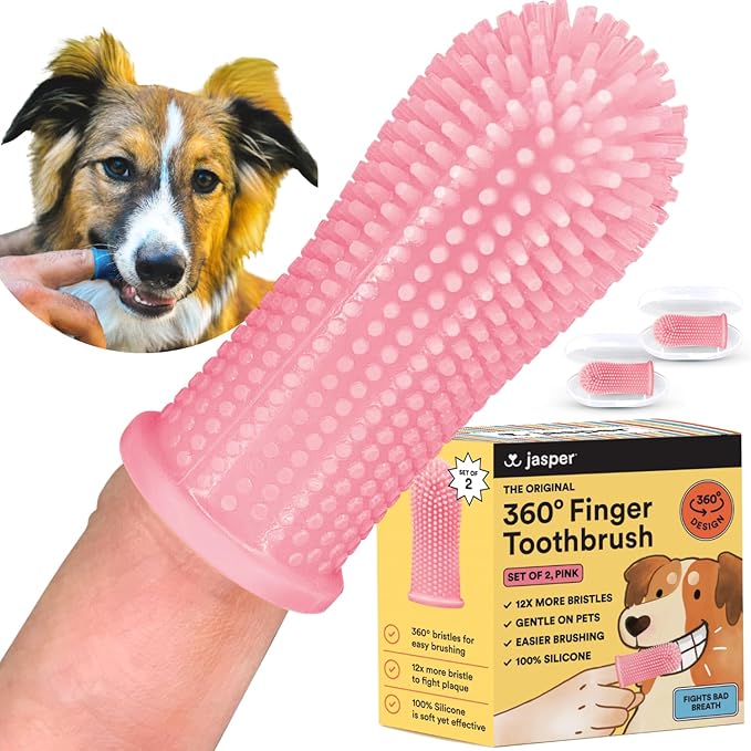 Jasper Dog Toothbrush, 360º Dog Tooth Brushing Kit, Cat Toothbrush, Dog Teeth Cleaning, Dog Finger Toothbrush, Dog Tooth Brush for Small & Large Pets, Dog Toothpaste Not Included - Pink 2-Pack JASPER%C2%AE