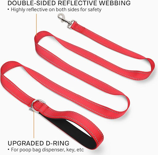 Joytale Double-Sided Reflective Dog Leash, 6 FT/5 FT/4 FT, Padded Handle Nylon Heavy Duty Leashes for Small & Medium Dogs Walking, Red, 6FT Joytale
