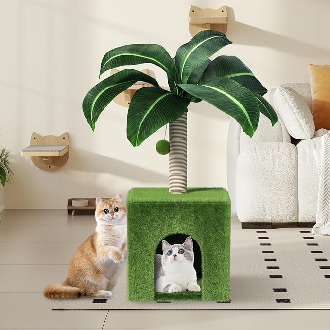 Cat Scratching Post with Condo, Palm Cat Tree Tower Natural Sisal Cat Scratcher Cat Bed Cat Furniture for Kittens and Cats - PAWPICO