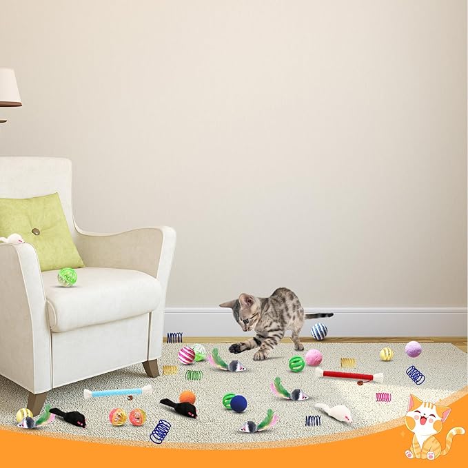 Cat Toys for Indoor Cats, 34 Packs Interactive Cat Toys for Kitten, Cat Toys Set with Colorful Cat Spring Toys, Cat Mouse Toy, Catnip Ropes, Colorful Balls and Bells, Sisal Ball - PAWPICO